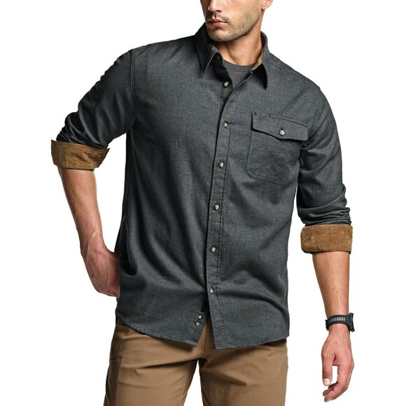 Mens Grey Cotton Flannel Shirt Long Sleeve Brushed Soft Casual Outdoor Plaid - Picture 2 of 9